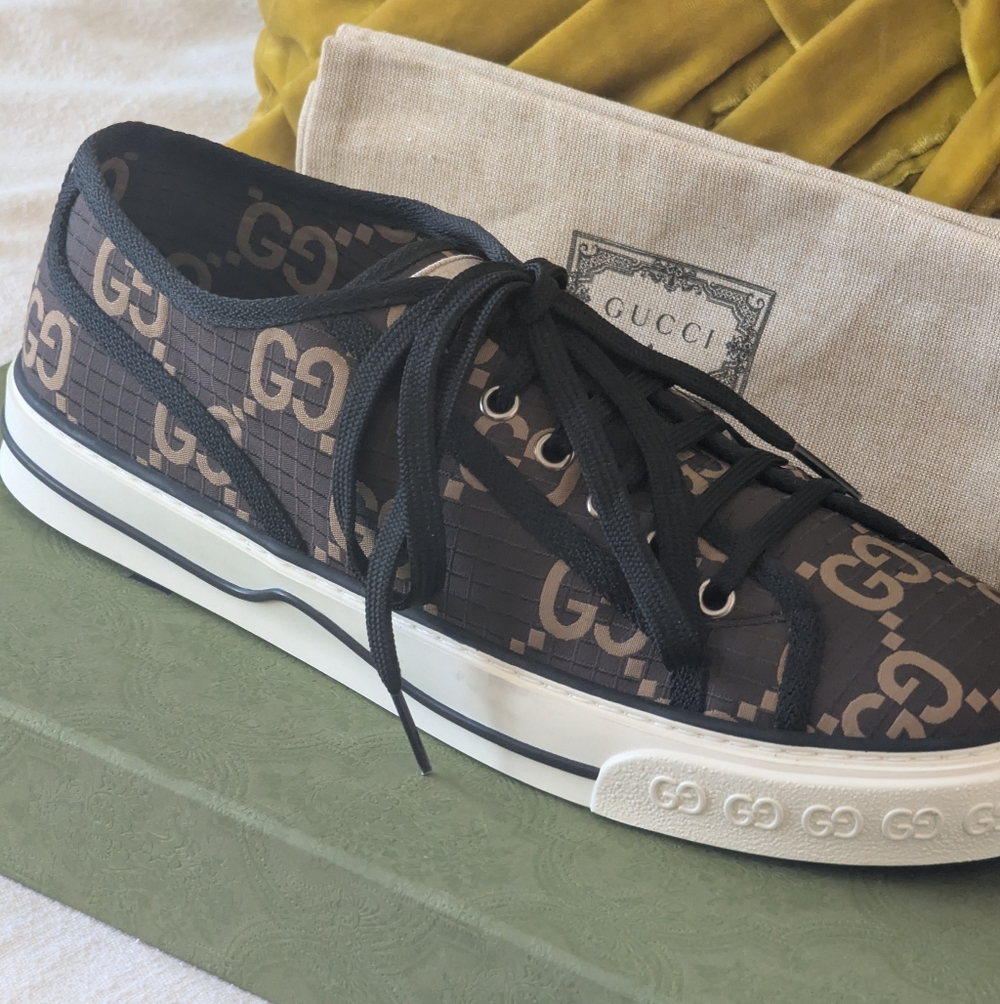 Gucci Brown and Tan 'GG' Canvas Sneakers Tennis 1977